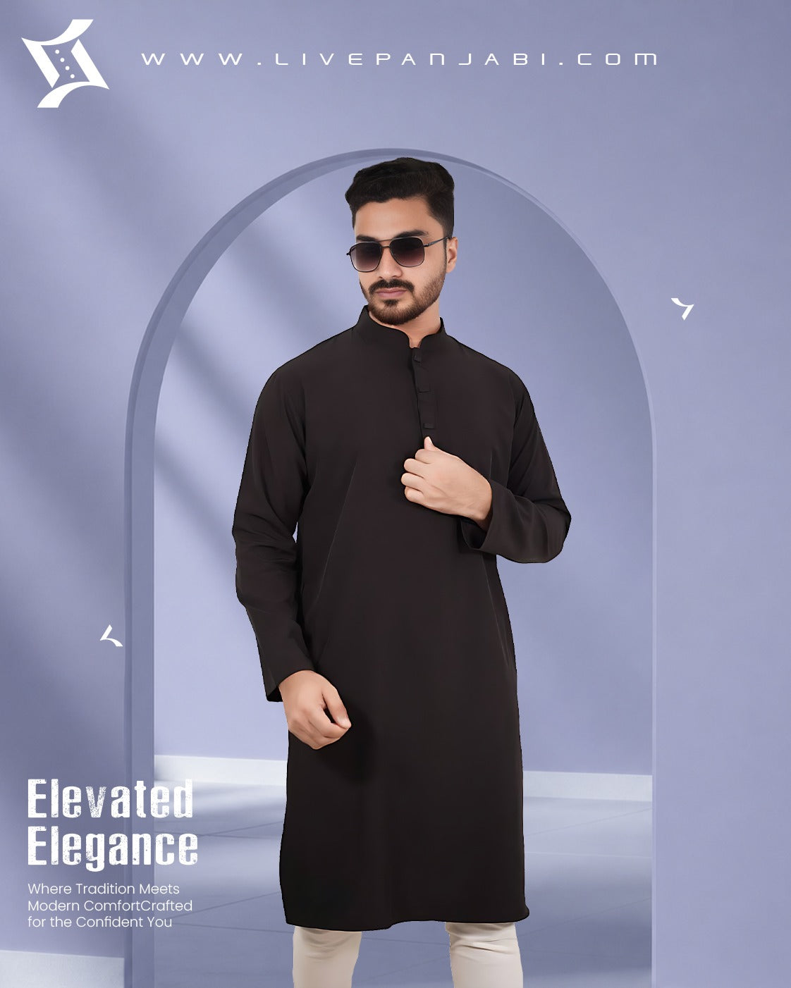 Signature Micro-Stitch Solid Panjabi – Black
